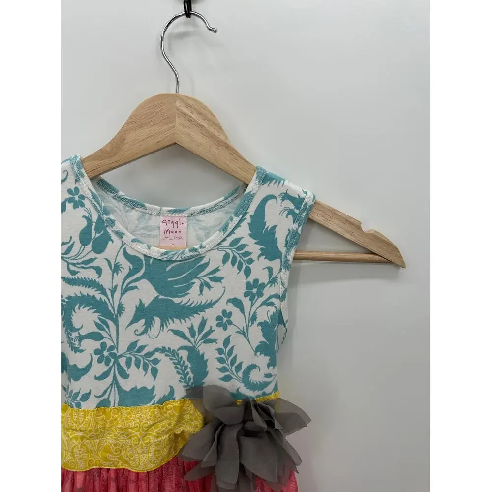 Giggle‎ Moon Girls Ruffle Floral Dress Sleeveless Pink Teal Yellow Size 5 HM10